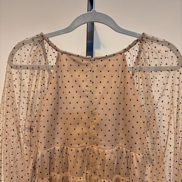 Staud Meadow Puff Sleeve Tan Black Polka Dot V Neck Tiered Dress - Picture 10 of 14